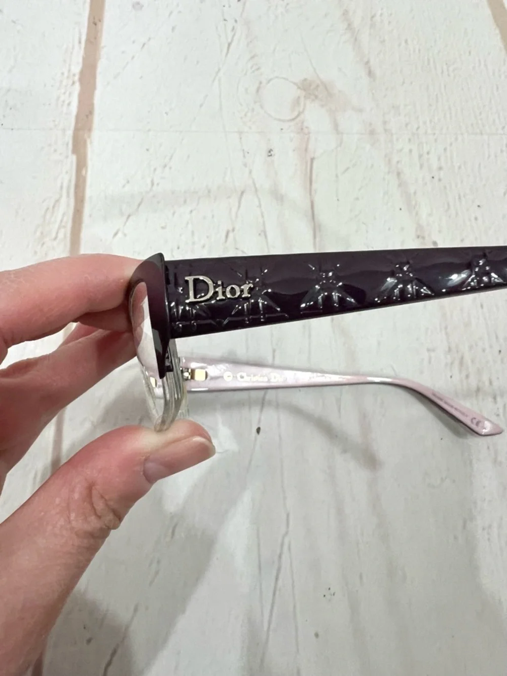 Christian Dior Purple Quilted Stem Half Rim Prescription Cat Eye Glass Frames